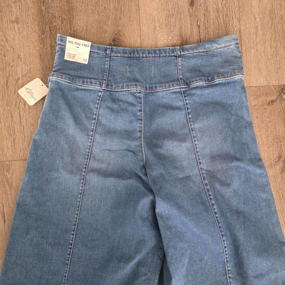 Free People Spotlight Wide Leg Jeans High Rise Flat Front Trouser Panel Flare 33 - Picture 6 of 6